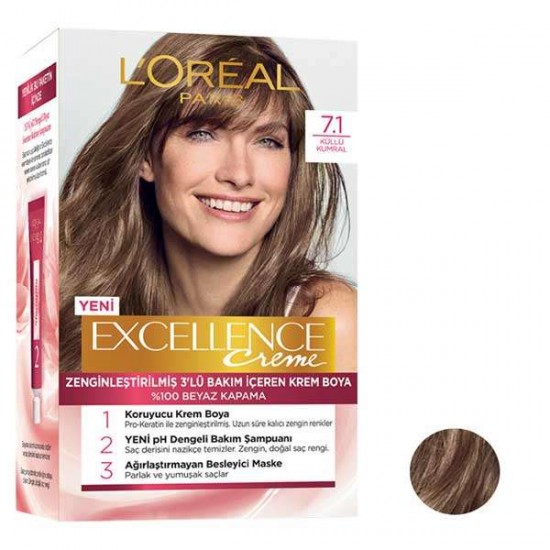 رنگ موی لورال شماره 7.1 رنگ بلوطی loreal excellence