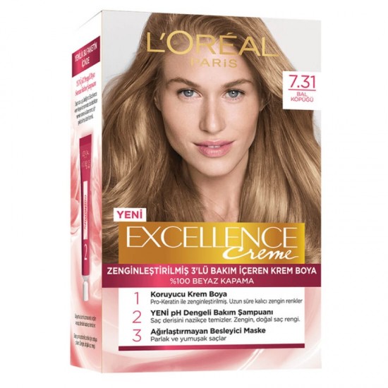 رنگ موی لورال شماره 7.31 رنگ عسلی loreal excellence