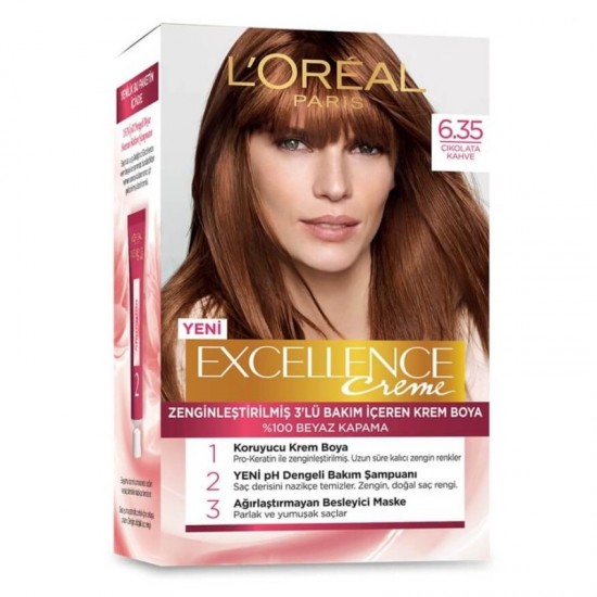 رنگ موی لورال شماره 6.35 رنگ قهوه ای شکلاتی loreal excellence